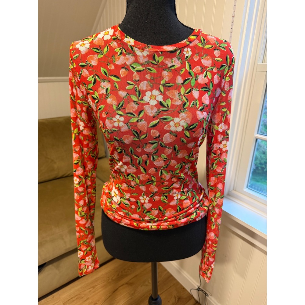 AFRM Summer Berry Mesh Sheer Long Sleeve Top Red Strawberry Print Womens Med NWT